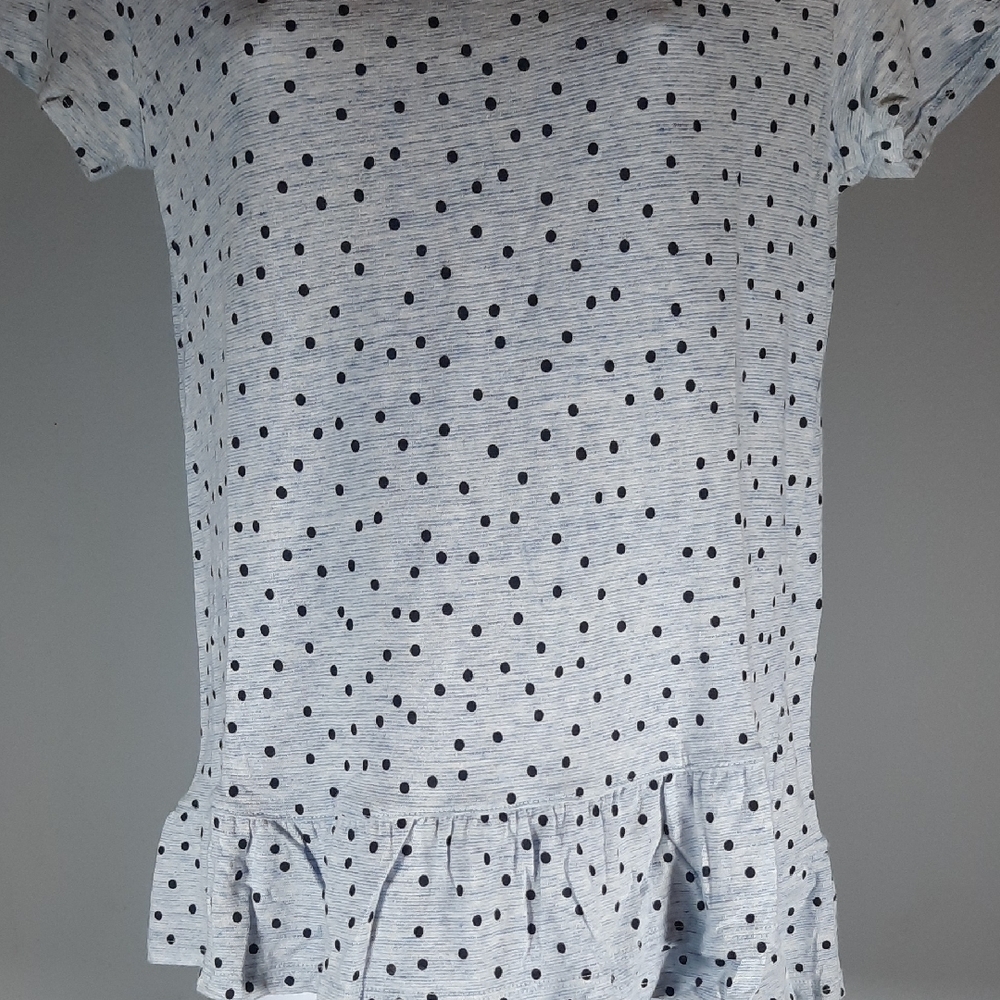 Talbots Light Blue With Black Polka Dot Ruffle Top - Picture 2 of 4